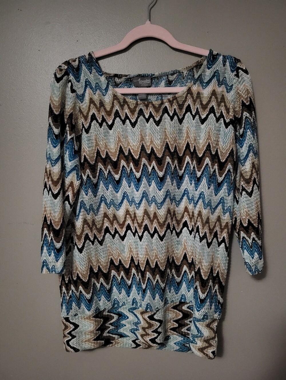 Women's Chevron Pattern Scoop Neck Top - Blue & Brown Chicos 1 Medium